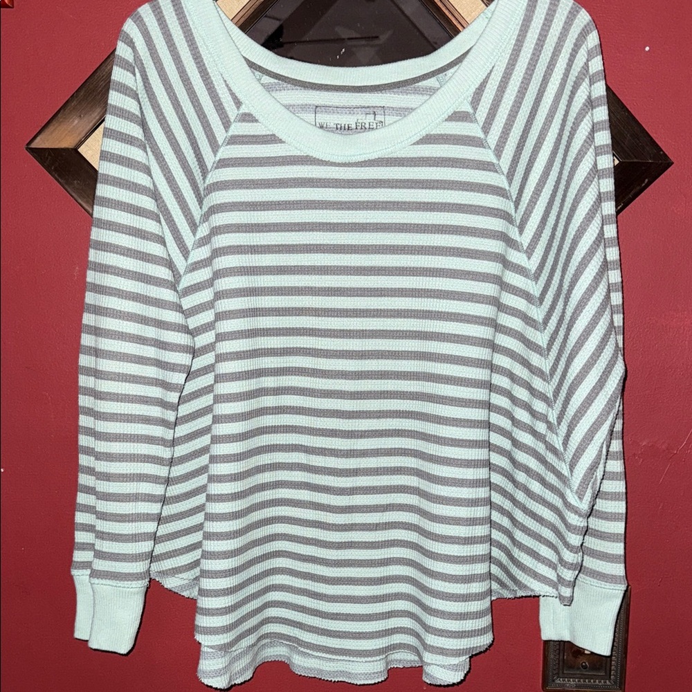 We The Free Mint and Grey Striped Long Sleeve Top